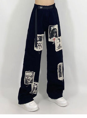Grunge Punk Patchwork Black Jeans Women Hip Hop Setwear Prin