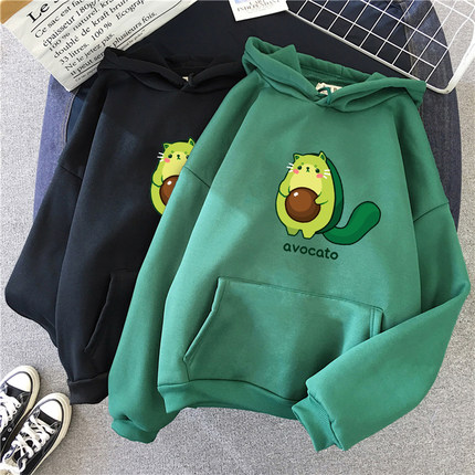 Winter Kawaii Cartoon Avocado Print Hoodies Women Pullover W