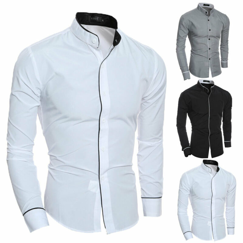 Men Stand Collar Shirt Long Sleeve Pure Colors Solid Slim Fi