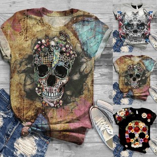 Shirt Plus Aesthetic Skull Pri Sleeve Womens Short Size