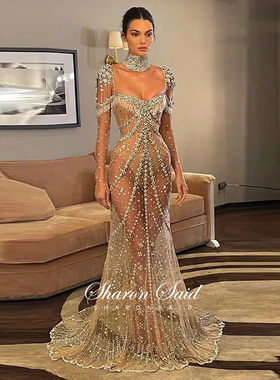 Kendall Jenner Long Nude Mermaid Prom Dresses Luxury Crystal