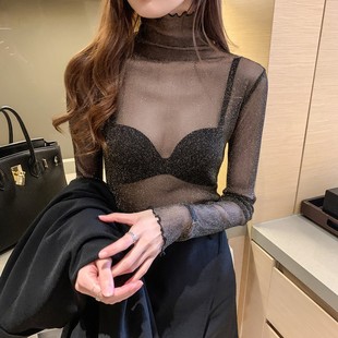 Tees Female Autumn Girls Full Blouses Transparent Sleev Mesh