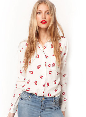New Fashion Women Sexy Red Lips Prints Chiffon Blouse Ladies