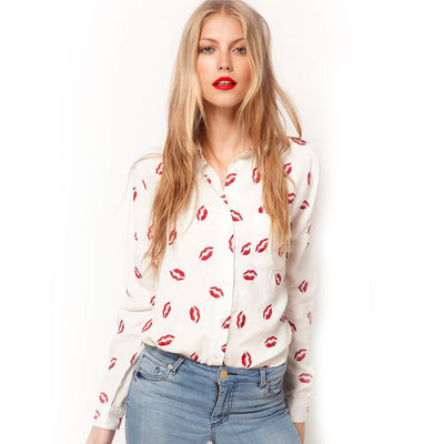 New Fashion Women Sexy Red Lips Prints Chiffon Blouse Ladies