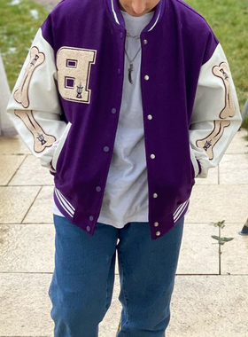 Men Varsity Bomber Jacket Harajuku Korea Bone Letter Patchwo