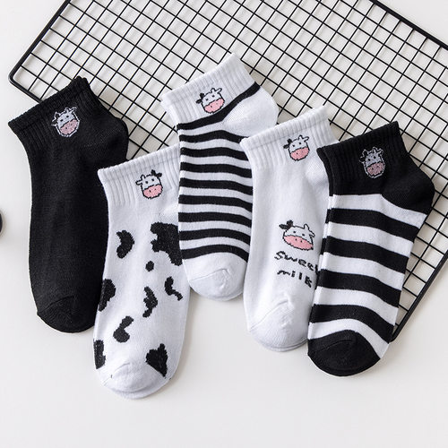 5 Pairs Cute Cow Bear Print Women Long Socks Cotton Solid Co