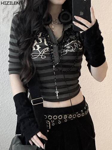 Goth Print Tops Stripe Cute Y2K T-Shirts Dark Academia Techw
