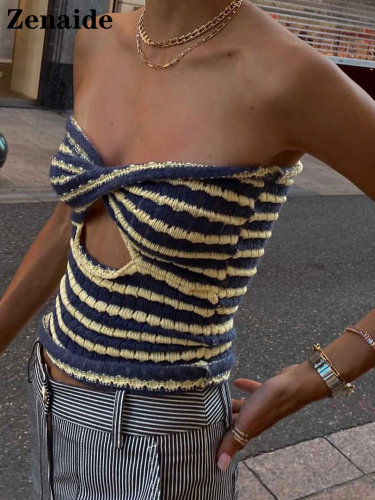 Zenaide 2022 Knitted Striped Twist Sleeveless Crop Top Summe
