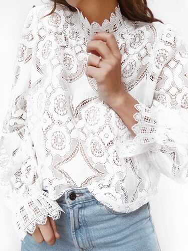 Women Lace Embroidery Blouse Shirts Elegant Formal Long Slee