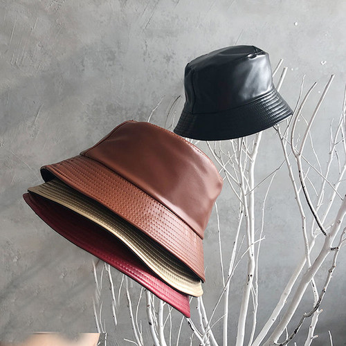 Faux Leather Bucket Hat Women Reversible Pu And Cotton Soild