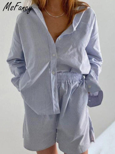 Msfancy Shirt Short Sets Women 2022 Long Sleeve Shirt Pajama