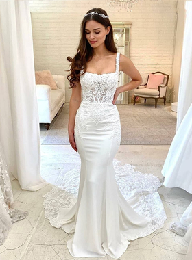 Mermaid Wedding Dress White For Women Square Collar Lace App