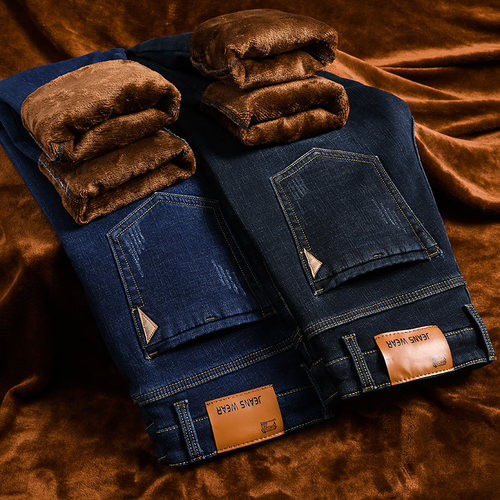 2021 Autumn Winter Warm Jeans for Men Slim Straight Plus Vel