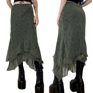 Plaid Skirt Women Y2k Retro Straight Skirts Double Layer Mes