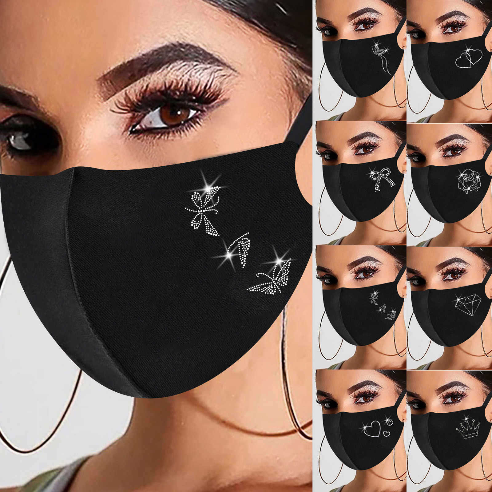 1pc Women Men Drill Sequins Black Mask Washable Reusable Clo
