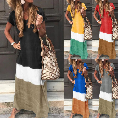 New Arrive Women Fashion Long dresses V Neck Casual Dress Sh