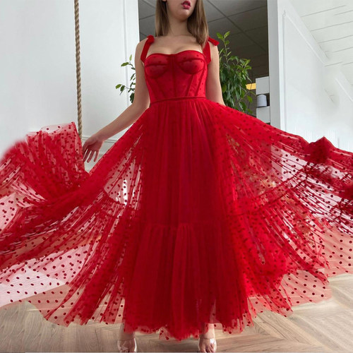 Sweetheart Bow Straps Zipper Pleats Tea Length Red Prom Dres