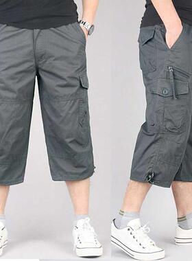 Summer Men's Casual Cotton Cargo Shorts Overalls Long Length
