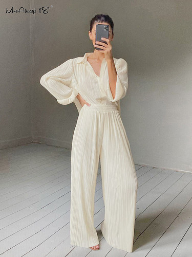 Mnealways18 Beige Pleated Wide Leg Pants Womens Pants Fashio