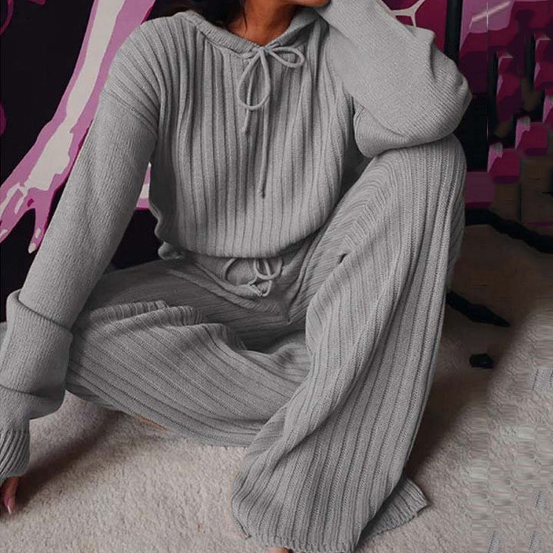 Autumn Winter Knitted Pajama Set Women Hooded Pajama Pants H