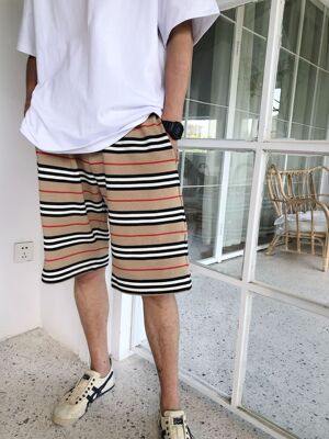 On Sale Summer Men Knit mesh striped shorts Classic Khaki Bl