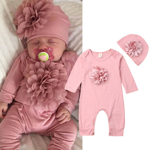0-18M 2PCS Newborn Baby Girl Clothes 3D Flower Romper Jumpsu