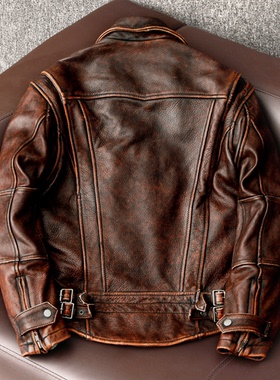 Men Genuine Leather Jacket Vintage Brown 100% Cowhide Coat M