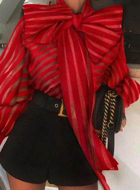 High Set Women Organza Blouse New Big Bow Striped Loose Shir