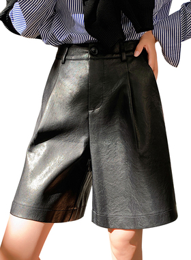 Back Buttons S-3XL Fashion PU Leather Shorts Women's Autumn