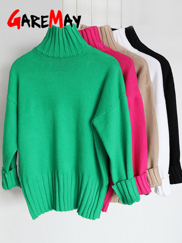 Autumn Winter Women's Green Sweater Knitted Soft Warm Basic