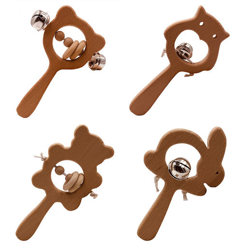 Wooden Rattle Beech Bear Hand Teething Wooden Ring Baby Ratt