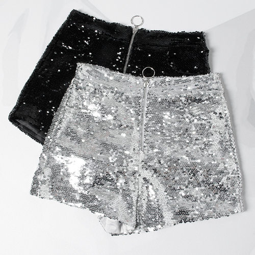 Bling Sexy Women Sequin Shorts High Waist O-Ring Zip Bodycon