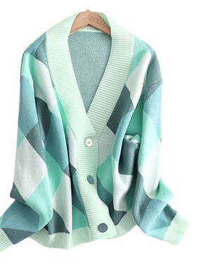 2021 V Neck Knit Oversize Female Cardigan Winter Argyle Sing