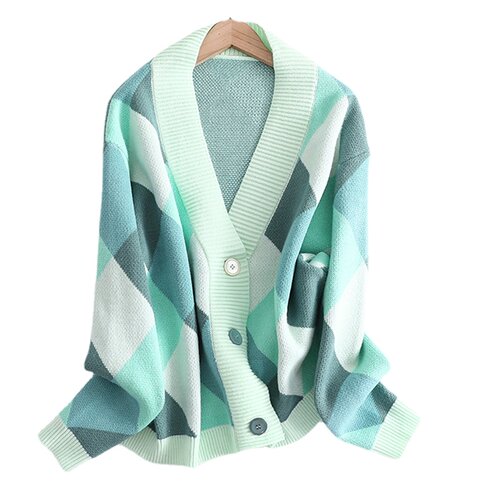 2021 V Neck Knit Oversize Female Cardigan Winter Argyle Sing