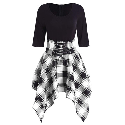 Womens Dresses Punk Gothic Plaid Patchwork Lace Up Dress Sho