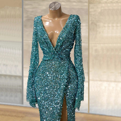 Blue Glitter Sequins Mermaid Evening Gowns Long Sleeves Sexy