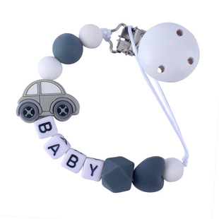Personalized Name Gray Wood Baby Pacifier Clips Silicone Car