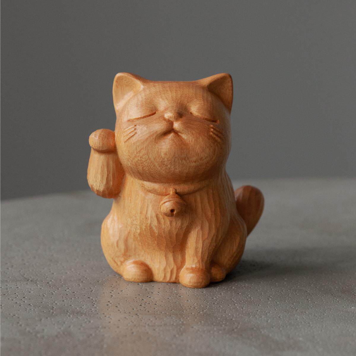 元也先生原创艺术家居客厅办公桌摆件可爱招财猫木雕黑檀木金檀木