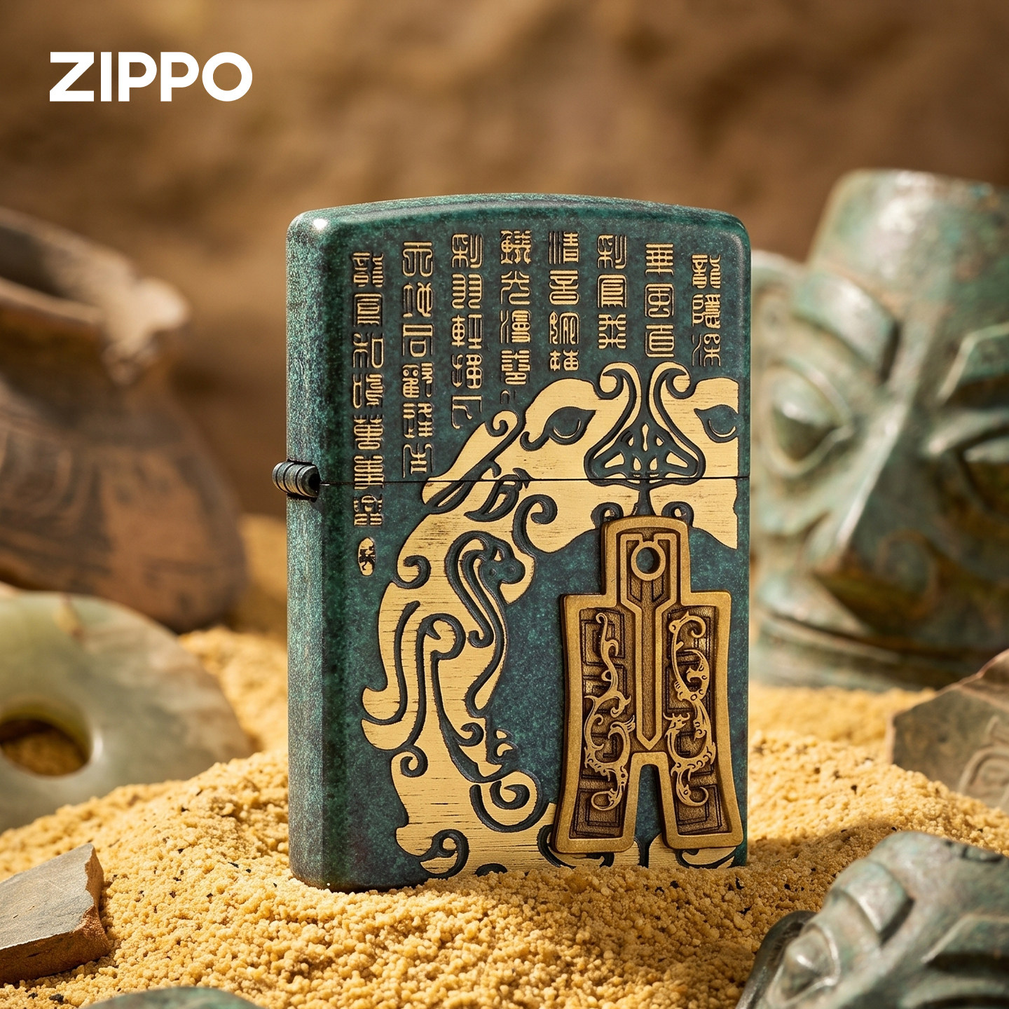 zippo纯铜做旧龙凤煤油防风打火