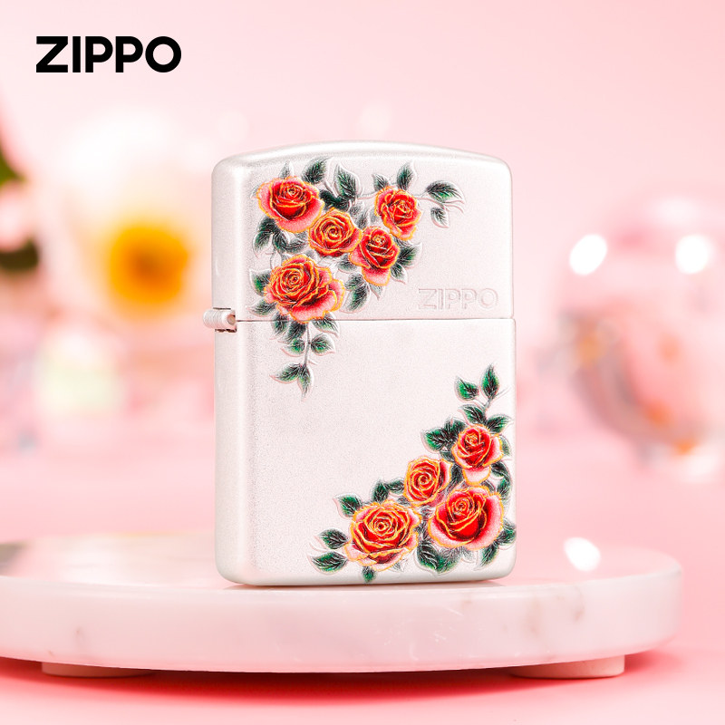 zippo打火机原装正品盔甲镀银浮雕彩印玫瑰花千语对角玫瑰煤油男