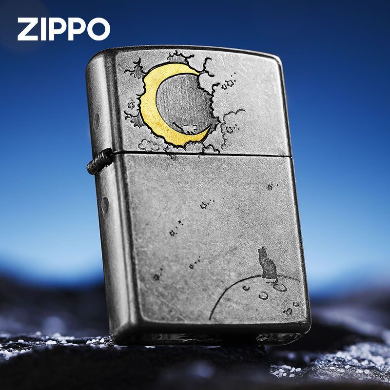 zippo之宝芝宝正品打火机古银蚀刻月上猫创意煤油机送男友礼物女