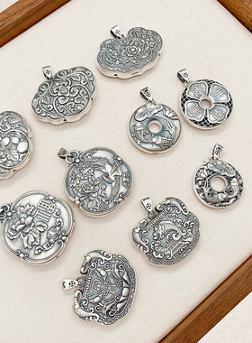 银饰品配饰纯银吊坠女古法传承空心双面繁花牡丹小众精致挂件单坠