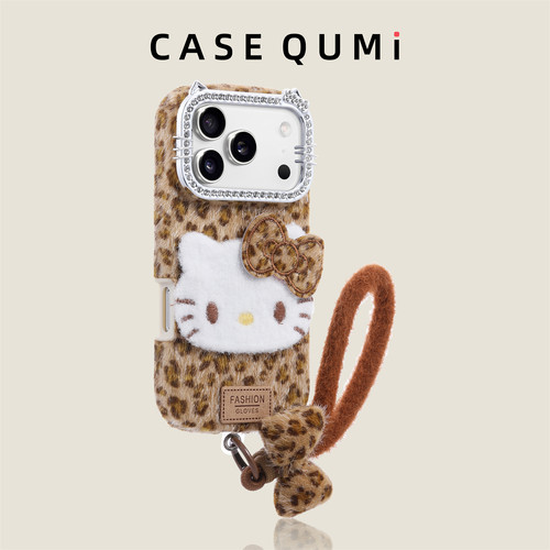 钻框镜豹纹KT猫带挂绳适用苹果17手机壳新款iphone17套苹果17promax全包17pro防摔苹果16硅胶15外壳14超火13