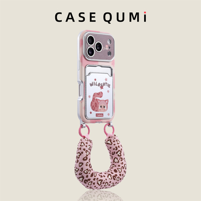 粉豹纹卡包猫咪带腕带适用苹果17手机壳新款iphone17套苹果17promax全包17pro防摔苹果16硅胶15外壳14超火13
