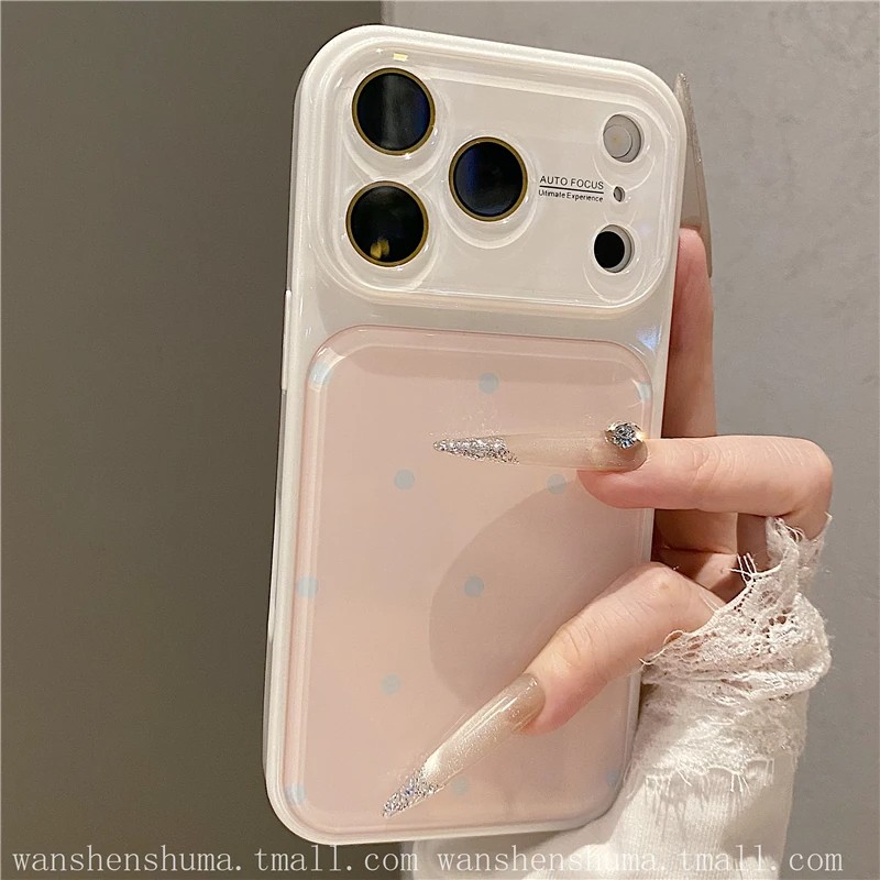 屈迷QUMI撞色白粉底蓝波点全包镜头膜适用苹果18promax手机壳新款iPhone18pro新品17promax套16外壳15防摔14图片