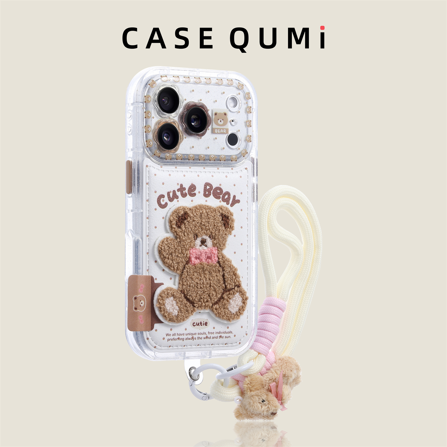 花镜白波点棕熊带挂绳适用苹果17手机壳新款iphone17套苹果17promax全包17pro防摔苹果16硅胶15外壳14超火13