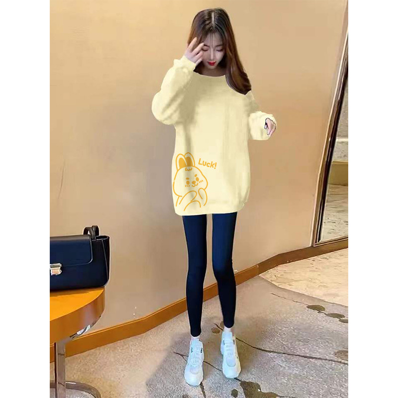 外穿卫衣女2024新款圆领oversize修身加绒中长款遮屁股秋冬t恤女