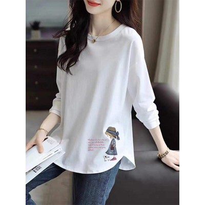 纯棉中长款遮屁股打底衫女春秋款宽松上衣不规则设计长袖T恤秋季