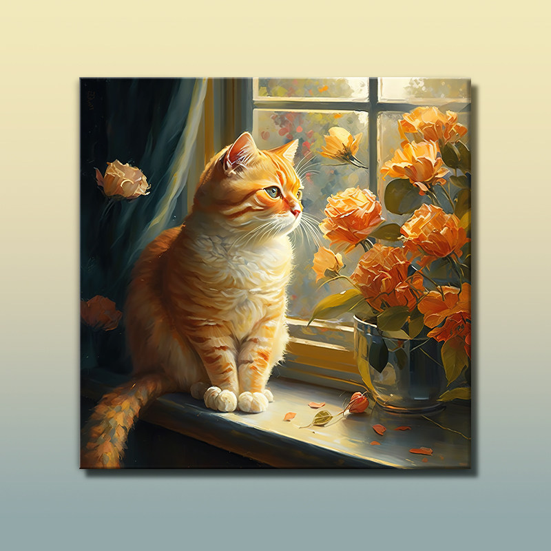 窗边小猫|数字油画diy填色填充可爱猫咪手工手绘治愈解压油彩画