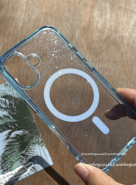 16淡水蓝天蓝色闪粉磁吸亚克力15promax手机壳适用于苹果14pro渐变晕染蓝色闪粉背面独立金属按钮13奢华新17P